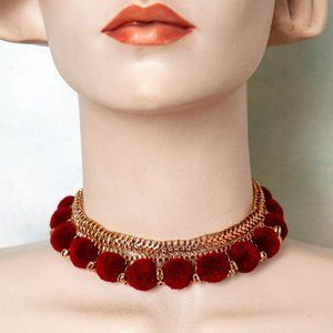 Gold Mesh  and Burgundy Pom Adjustable Choker Necklace